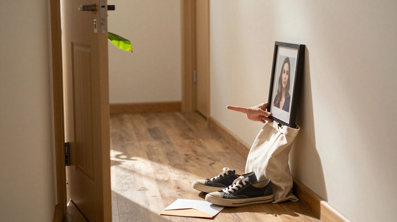 Offene Tür, Turnschuhe, Leinwand mit Frauenbild und ein Papierumschlag auf Holzboden im Flur.
