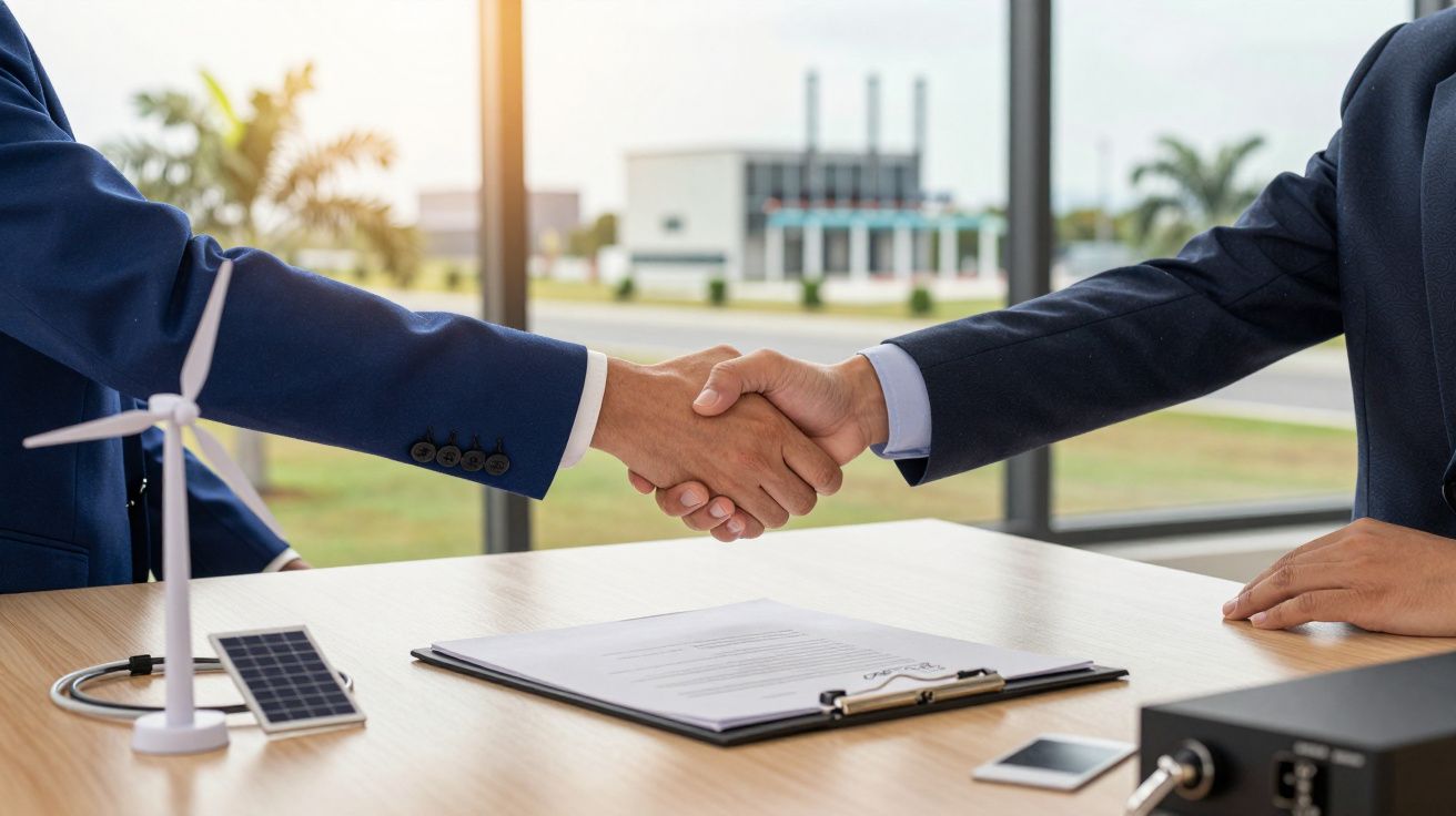 Zwei Geschäftsmänner schütteln Hände über einem Tisch mit Dokumenten, einem Modell einer Windmühle und Solarpanel.