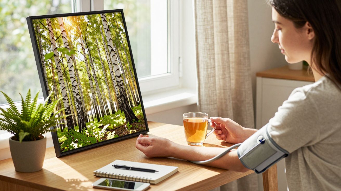 Person misst Blutdruck am Tisch, sitzt neben einem Fenster; Bild eines Birkenwaldes und Minipflanze auf dem Tisch.