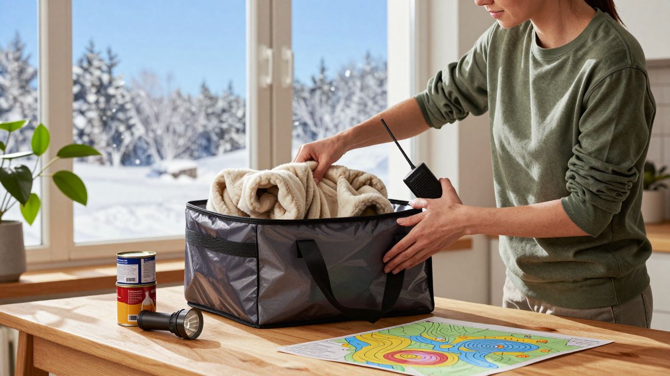 Person packt Utensilien, Decke und Funkgerät in Tasche, Karte auf Holztisch, Winterlandschaft draußen.