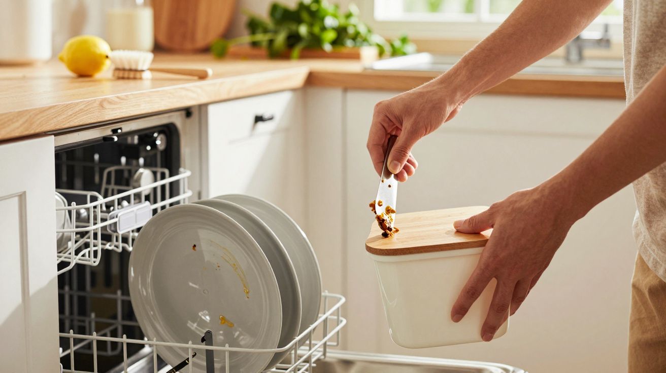 Person kratzt Lebensmittelreste von einem Messer in einen Behälter, während ein Geschirrspüler offen daneben steht.