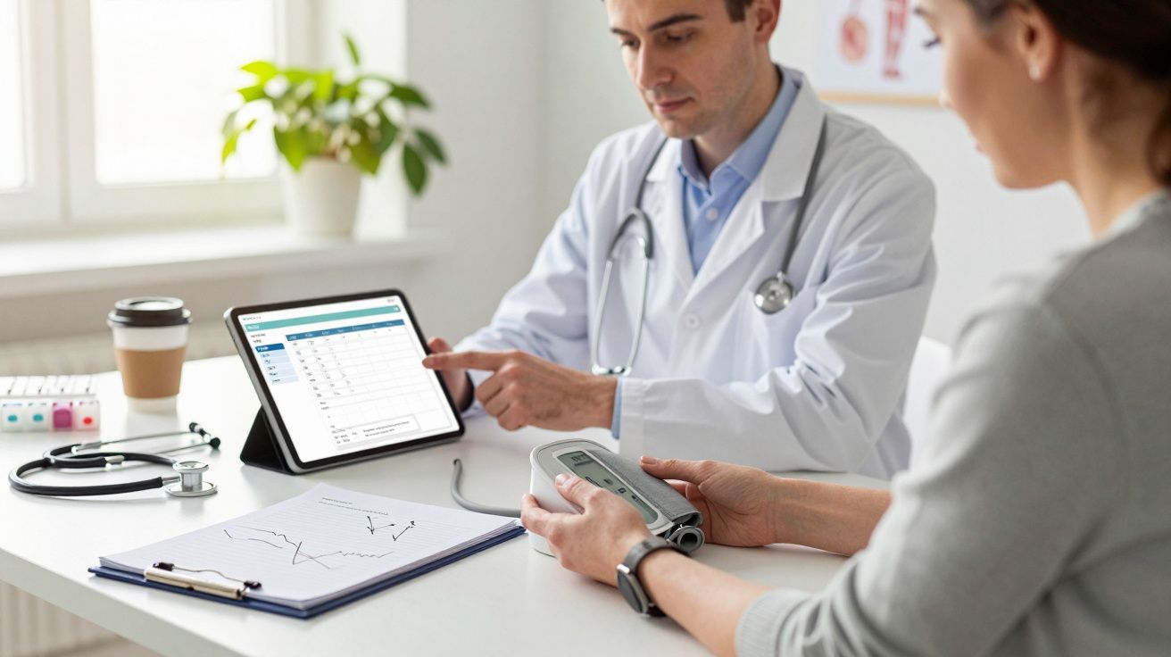 Arzt erklärt Patientin die Nutzung eines medizinischen Geräts, während ein Tablet mit Diagrammen auf dem Tisch liegt.