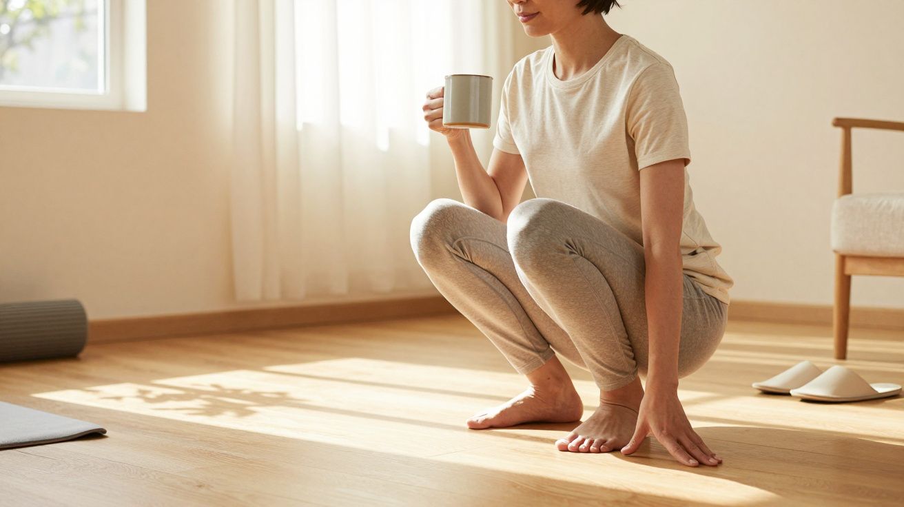 Frau in hellbeiger Kleidung hockt barfuß auf Holzboden und hält eine Tasse, im Hintergrund Licht und Möbel.