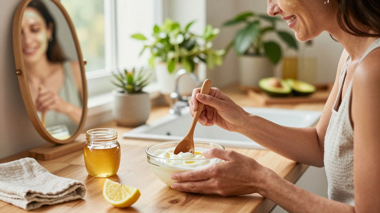 Frau bereitet in moderner Küche Gesichtsmaske zu, mit Schüssel Joghurt, Honig, Zitrone und Pflanzen im Hintergrund.