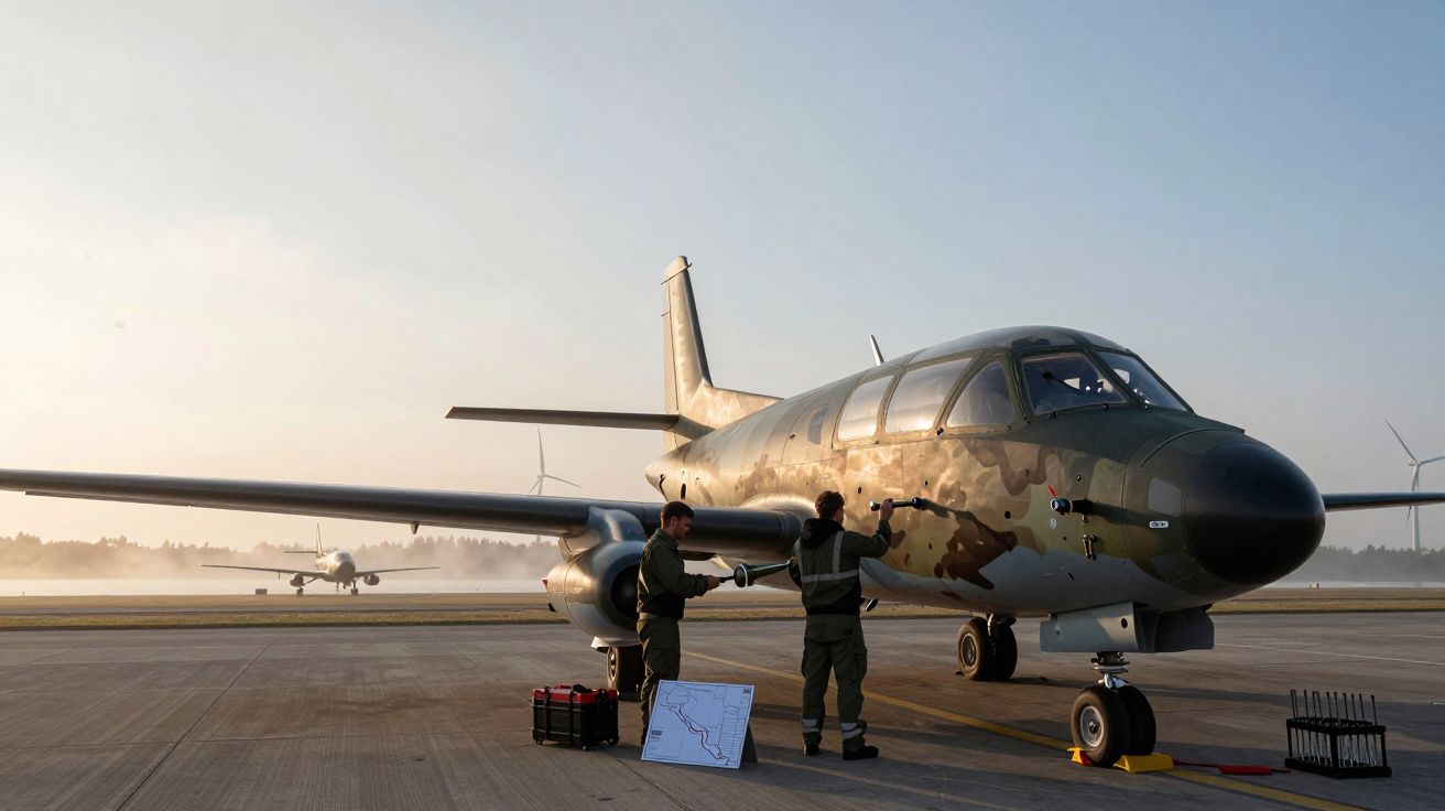 Zwei Menschen in Uniform vor einem kleinen Militärflugzeug auf einem Rollfeld bei Sonnenaufgang.