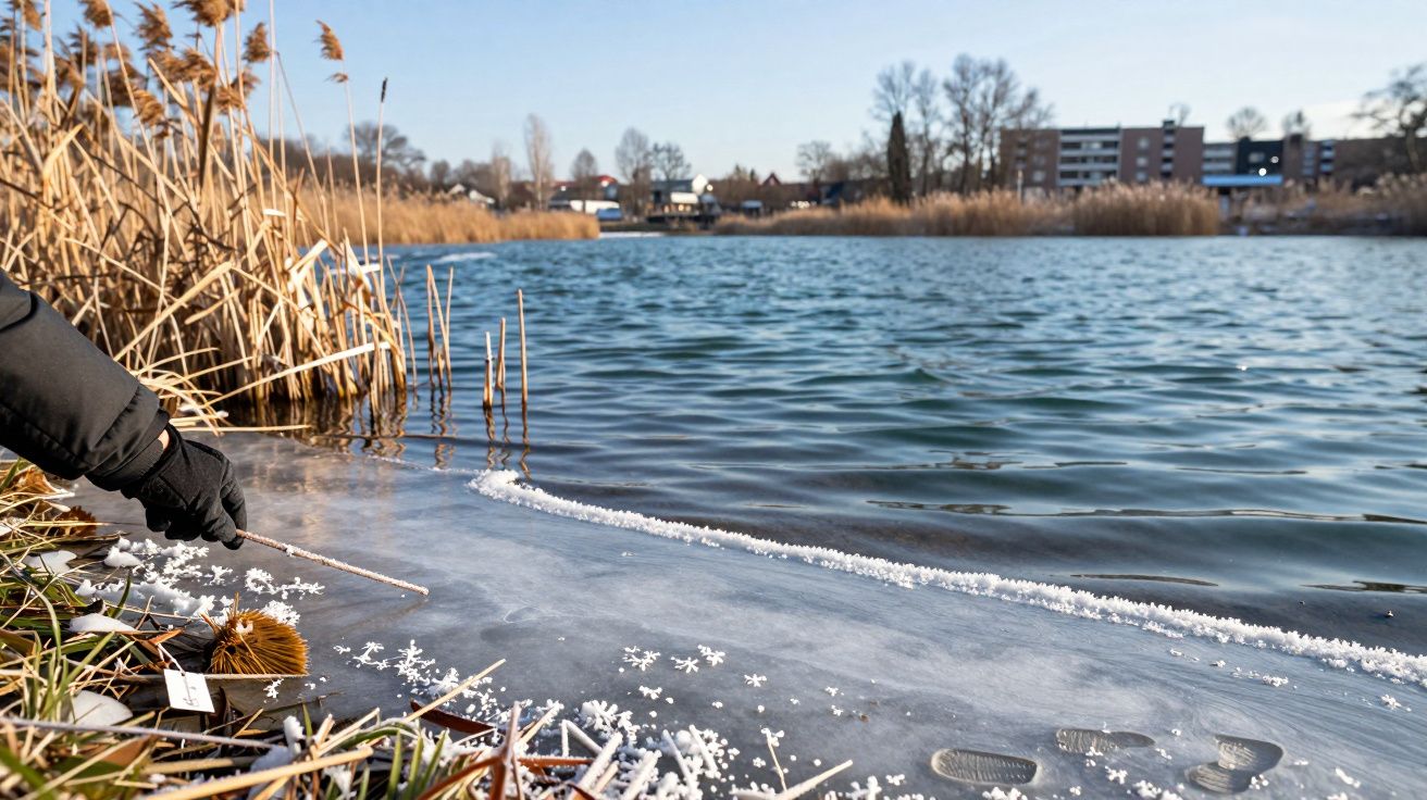 Gefrorener See mit Eisschicht am Ufer, eine Person berührt das Eis mit einem Stock, im Hintergrund Gebäude und Schilf.