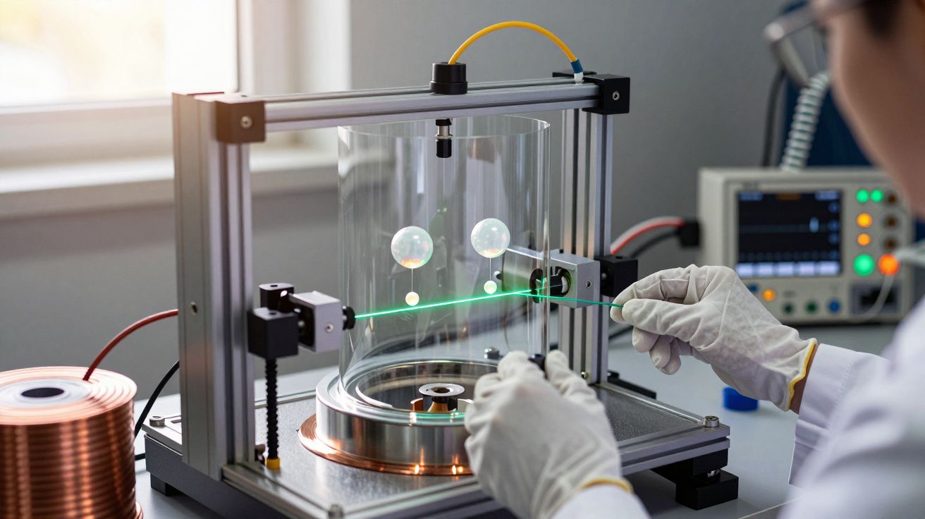 Wissenschaftler führt Experiment mit schwebenden Kugeln in Vakuumkammer durch, während Computerausrüstung im Hintergrund zu s