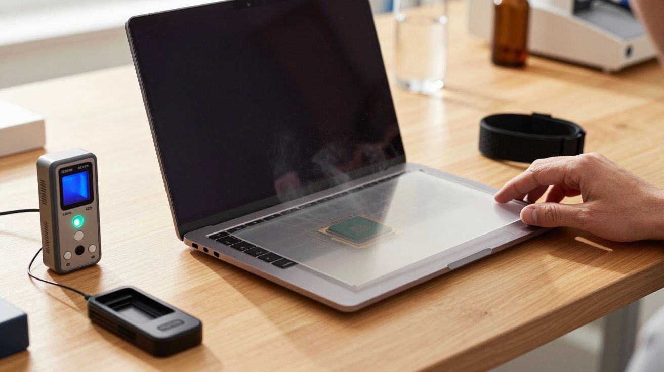 Laptop auf Holztisch, Sensorgerät links, Hand berührt Bildschirm mit Chip daraufliegend.