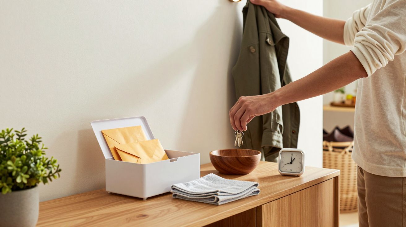 Person hängt Jacke auf, legt Schlüssel in Schale, neben Uhr und Briefen auf Holzkonsole.