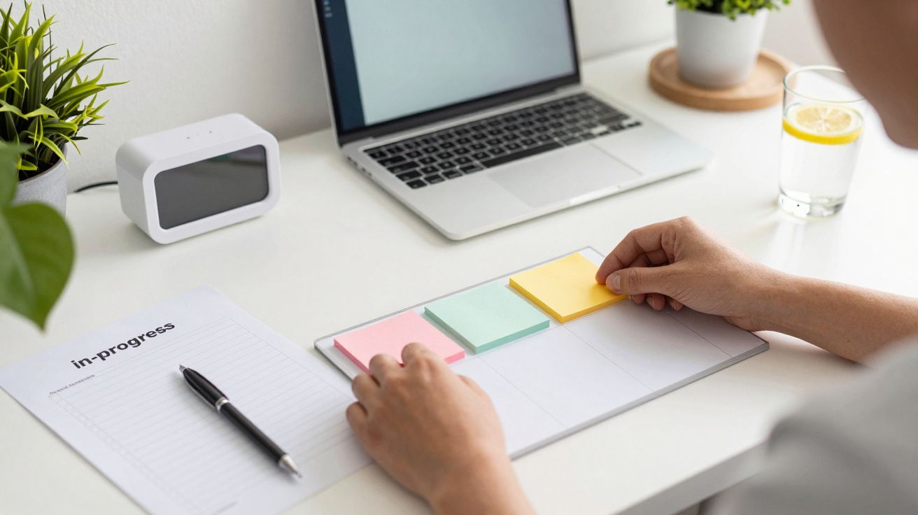 Person ordnet Haftnotizen am Schreibtisch neben Laptop, Glas mit Zitrone und Notizblock.