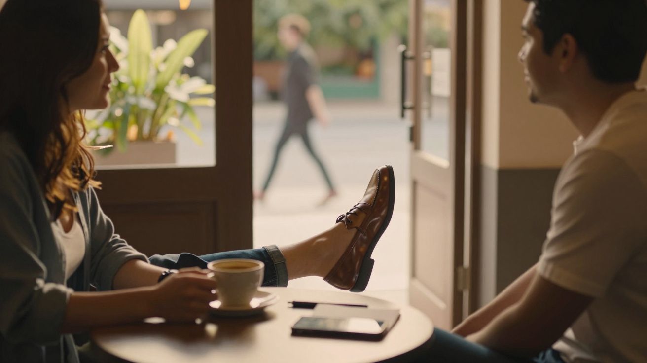 Eine Frau sitzt in einem Café, hält einen Kaffee. Ihr Fuß ruht auf dem Tisch, sie unterhält sich mit einem Mann.