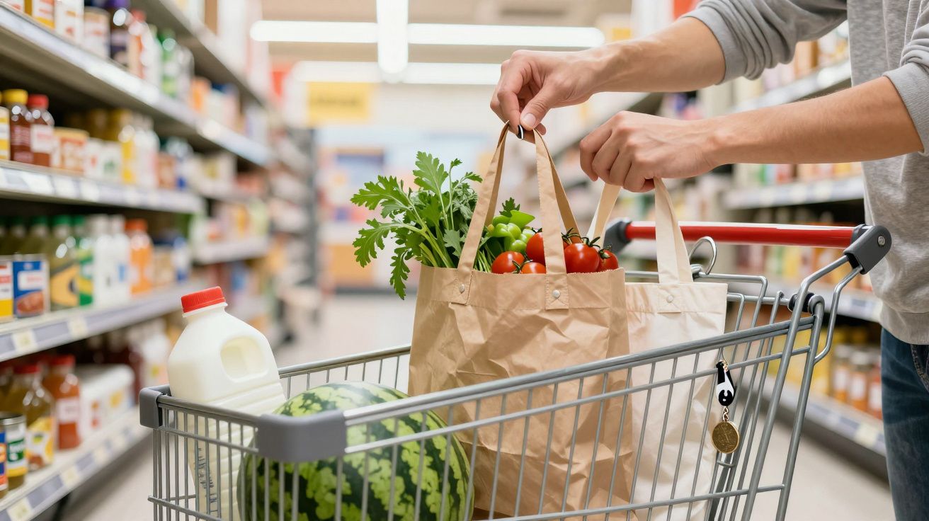 Person legt Papiertüten mit Gemüse in Einkaufswagen im Supermarkt, im Wagen sind auch Milch und Wassermelone.