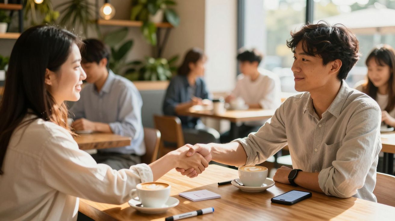 Zwei Personen geben sich im Café die Hand, lächeln sich an; auf dem Tisch Notizen, Stifte und Kaffeetassen.