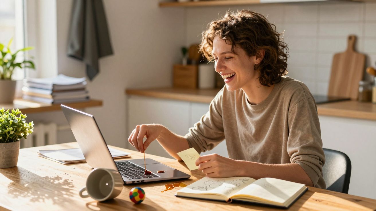 Eine Person lächelt, arbeitet an einem Laptop und hält einen Teebeutel, ein Notizbuch und eine Pflanze sind auf dem Tisch.