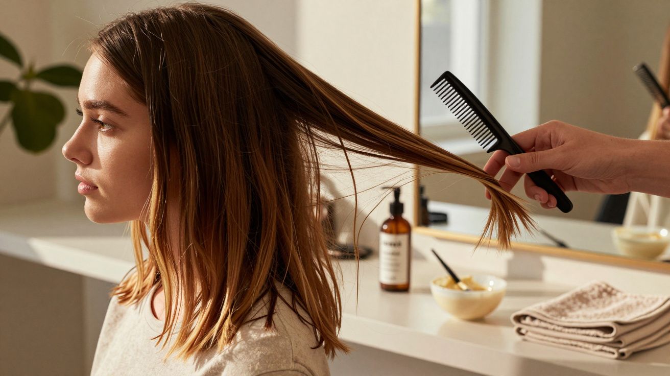 Frau mit schulterlangem Haar wird im Salon mit einem Kamm frisiert, Produkte im Hintergrund auf dem Tisch.
