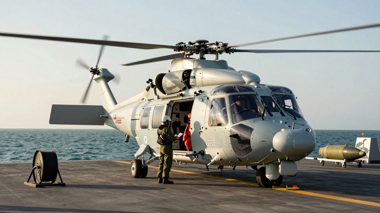 Hubschrauber auf einem Schiffsdeck über dem Meer mit offenem Laderaum und Uniformierten in der Nähe.